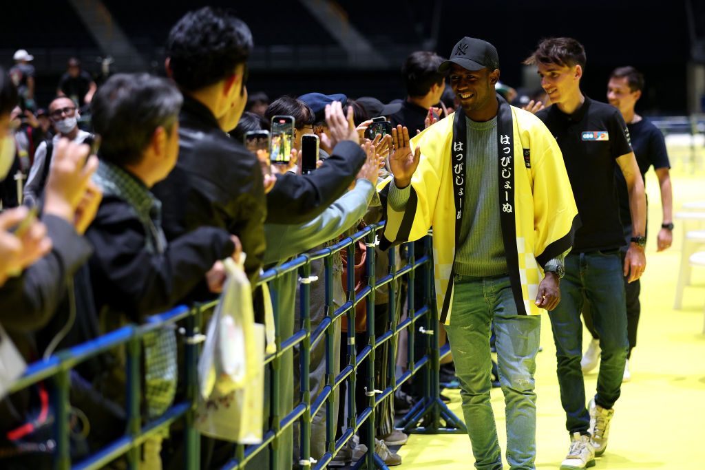 SAITAMA JAPAN NOVEMBER 01 Biniam Girmay of Eritrea and Team IntermarchCircusWanty meets the fans during the prerace official dinner event prior to the 10th Tour de France Saitama Criterium 2024 on November 01 2024 in Saitama Japan Photo by Rhode Van ElsenGetty Images