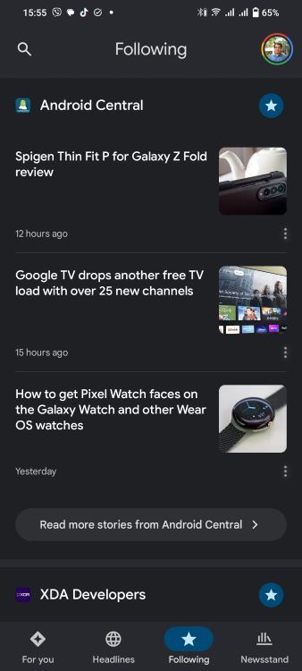 Google News' redesigned following tab showing the publications being followed