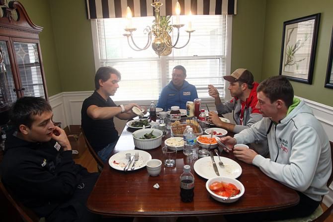 BKCP-Powerplus team members enjoy a meal (L-R): Wietse Bosmans, Christoph Roodhooft, Marc Van Roy, Niels Albert and Radomir Simunek