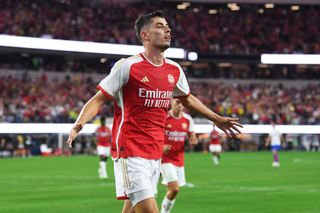 Kai Havertz of Arsenal celebrates after scoring the team's second goal during the Pre-Season Friendly match between Arsenal and FC Barcelona at SoFi Stadium on July 26, 2023 in Inglewood, California.