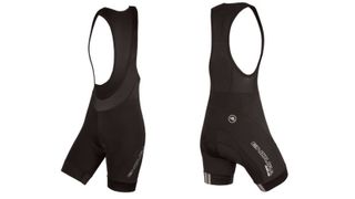 A front and back view of the Endura Women's FS260 Pro DS Bib Shorts on a plain background