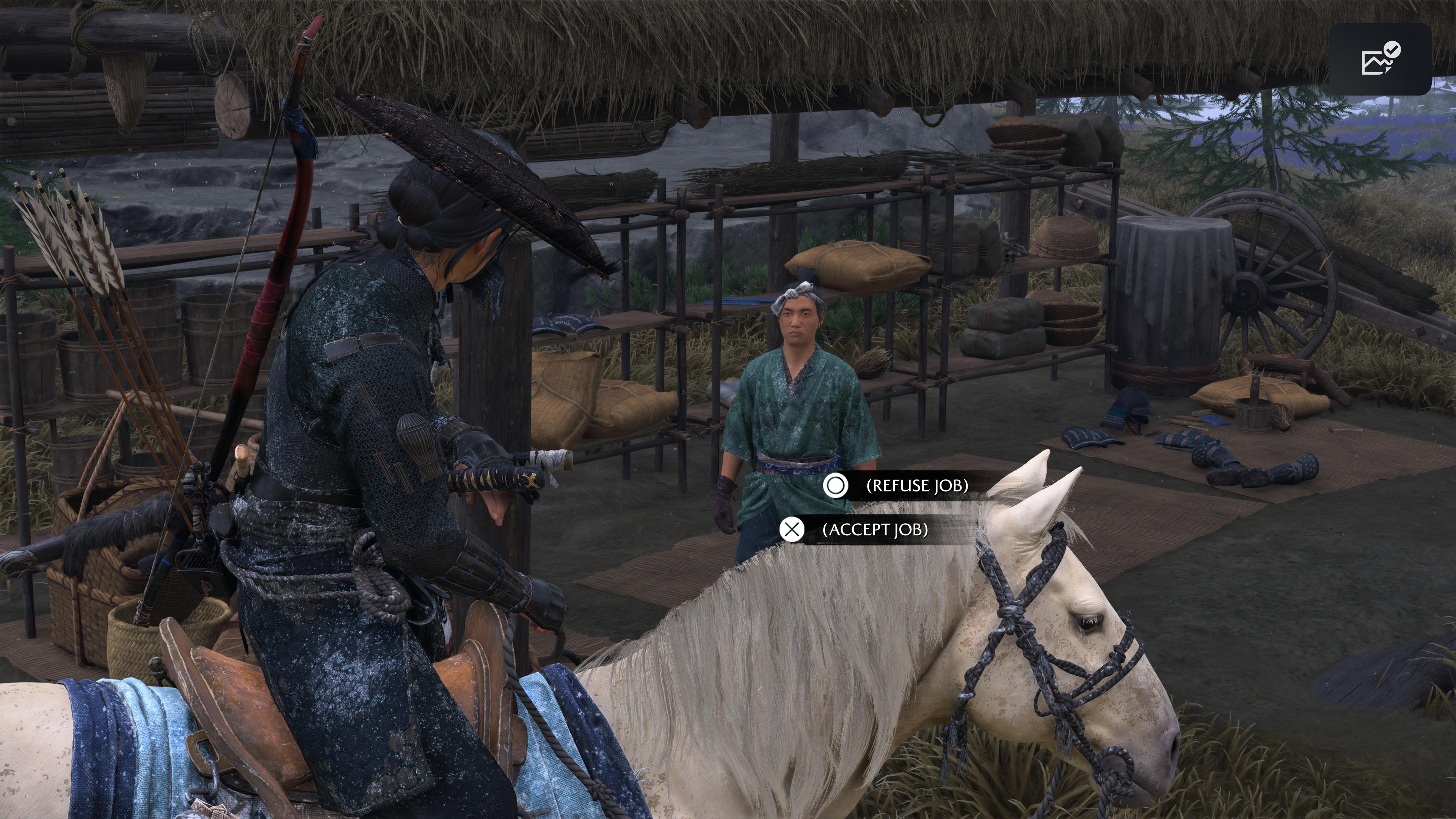 Ghost of Yotei screenshot showing Atsu on her horse choosing whether to accept or decline a job being offered to her by someone on foot