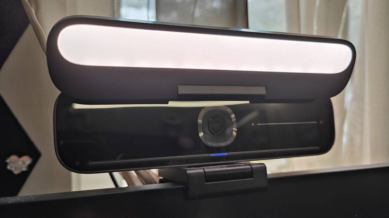 A photograph of the Ankerwork B600 Video Bar mounted on a monitor