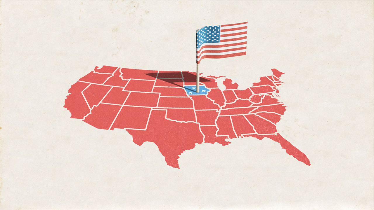 Map of the United States with a flag planted in Iowa