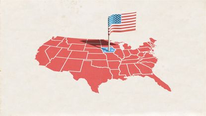 Map of the United States with a flag planted in Iowa
