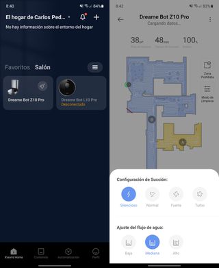 La página principal de la app y los modos de limpieza y mapeo del Z10 Pro