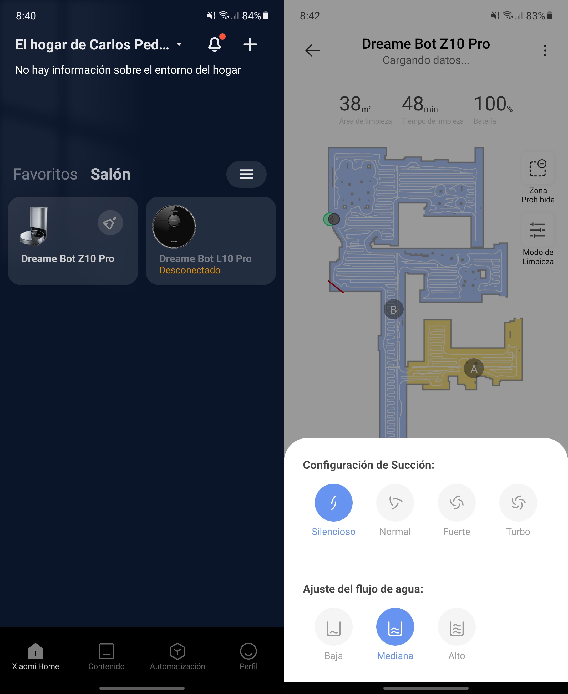 La página principal de la app y los modos de limpieza y mapeo del Z10 Pro
