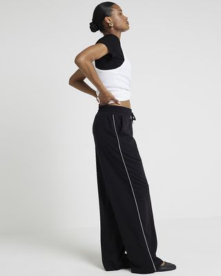 River Island, Black Side Stripe Wide Leg Joggers