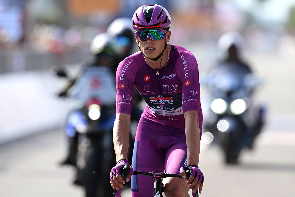 NOVI LIGURE, ITALY - MAY 21: Paul Magnier of France and Team Soudal Quick-Step - Purple Points Jersey crosses the finish line during the 109th Giro d'Italia 2026, Stage 12 a 175km stage from Imperia to Novi Ligure / #UCIWT / on May 21, 2026 in Novi Ligure, Italy. (Photo by Dario Belingheri/Getty Images)