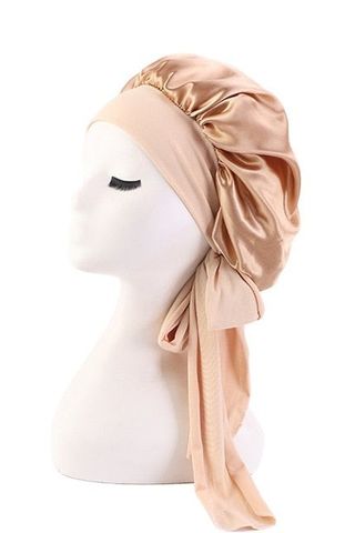 Khaki Wide Band Tied Silky Bonnet on a mannequin