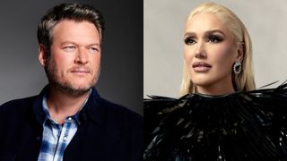 Blake Shelton and Gwen Stefani are shown in side-by-side NBC images posing for The Voice.