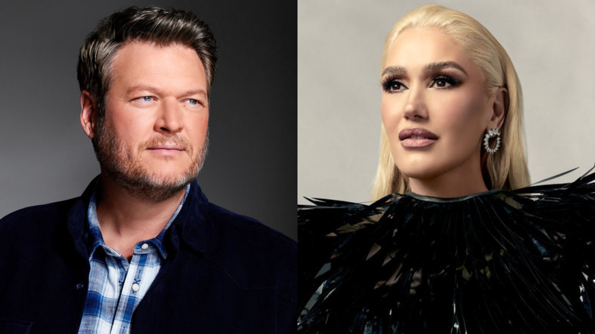 Blake Shelton and Gwen Stefani are shown in side-by-side NBC images posing for The Voice.
