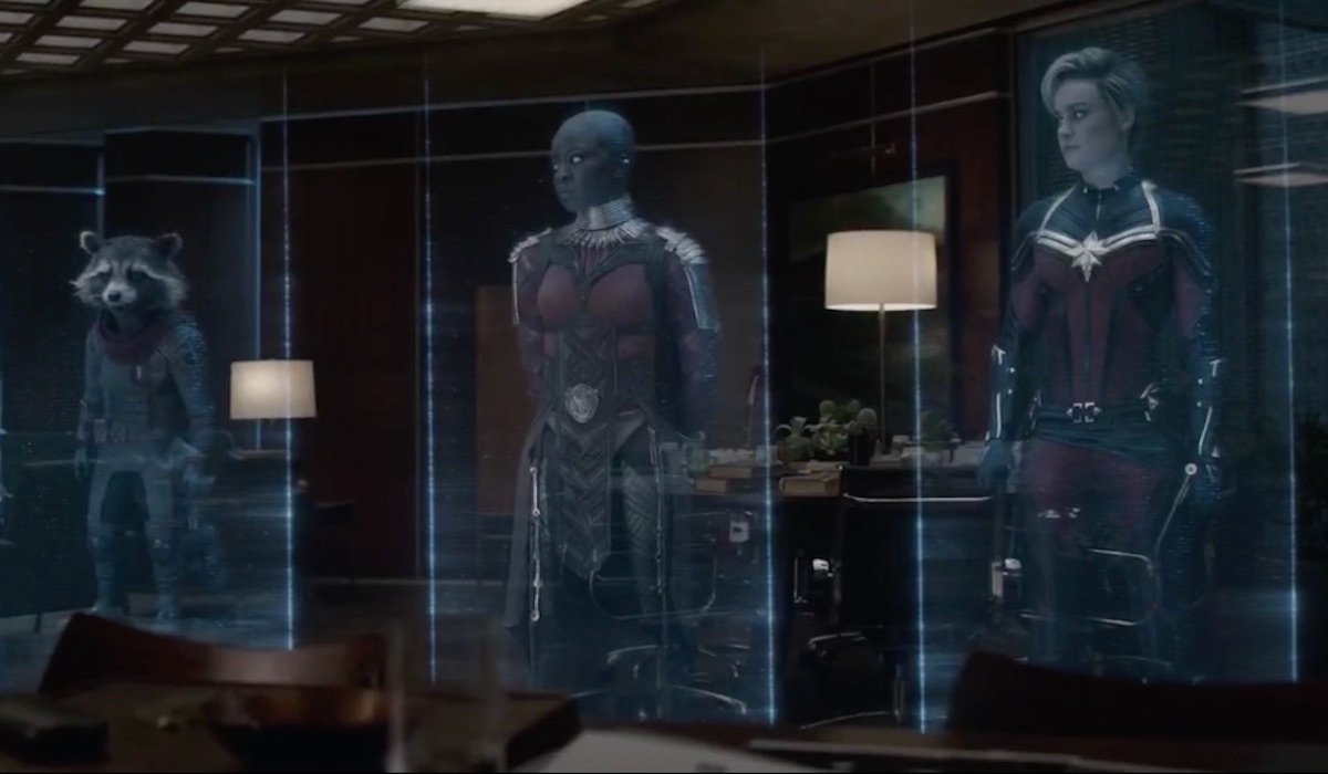 Rocket Raccoon, Okoye and Captain Marvel holograms