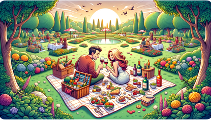 a cartoon-style image depicting a loving couple having a picnic in the park with a beautiful sunset in the background.