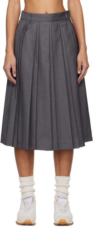 Gray Double Pleats Midi Skirt