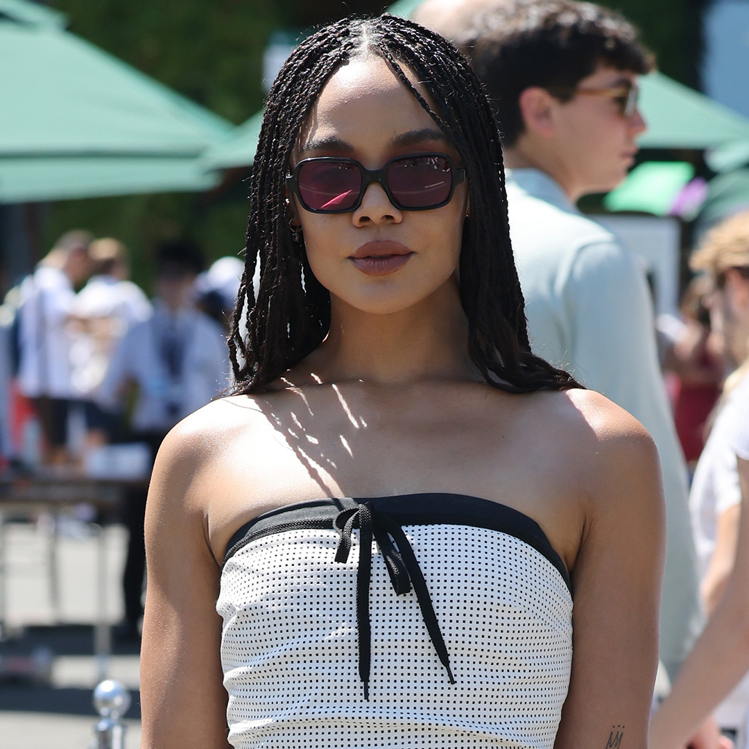 Tessa Thompson wearing a polka dot top
