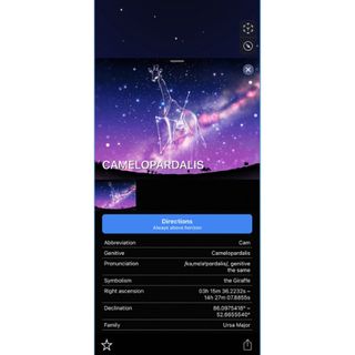 Screenshot from the Night Sky 11 app showing details of the Camelopardalis constellation.