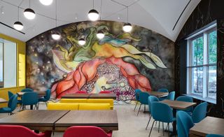 The new restaurant, Marisol, features a site specific mural by Chris Ofili titled The Sorceress’ Mirror, depicting a sensuous narrative of leaping figures within emotive landscapes inspired by Trinidad.