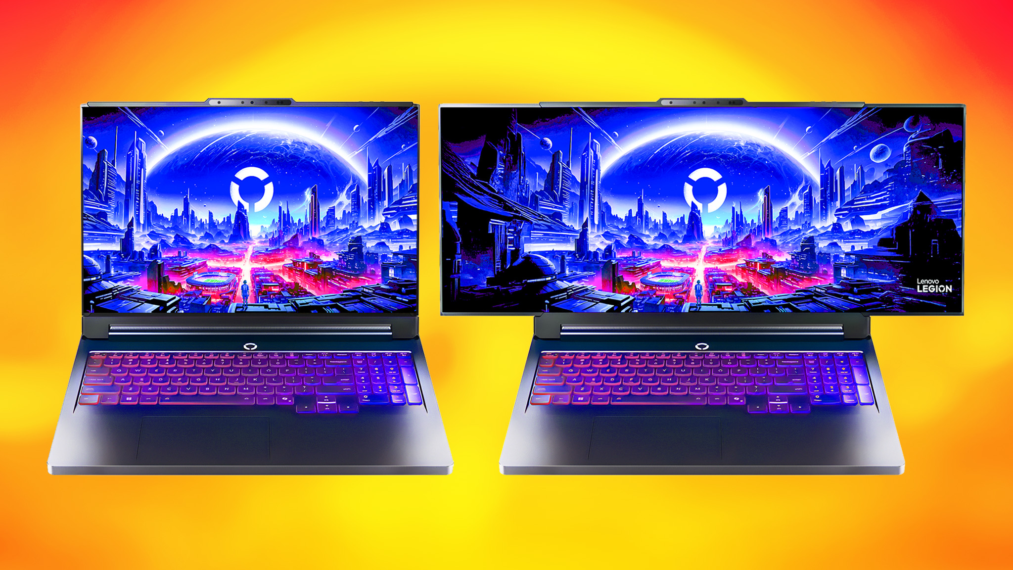 Two concept Lenovo Rollable Legion Pro gaming laptops, one with a 21-inch display, the other rolled out to 24 inches. 