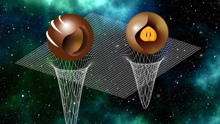 An illustration of a heavy neutron star on the left and a light neutron star on the right, depicted as different cosmic candies.