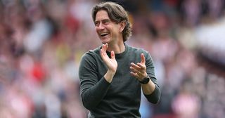 Leicester City next manager odds: Thomas Frank, Manager of Brentford celebrates their team's victory at full-time after the Premier League match between Brentford and Southampton at Brentford Community Stadium on May 07, 2022 in Brentford, England.