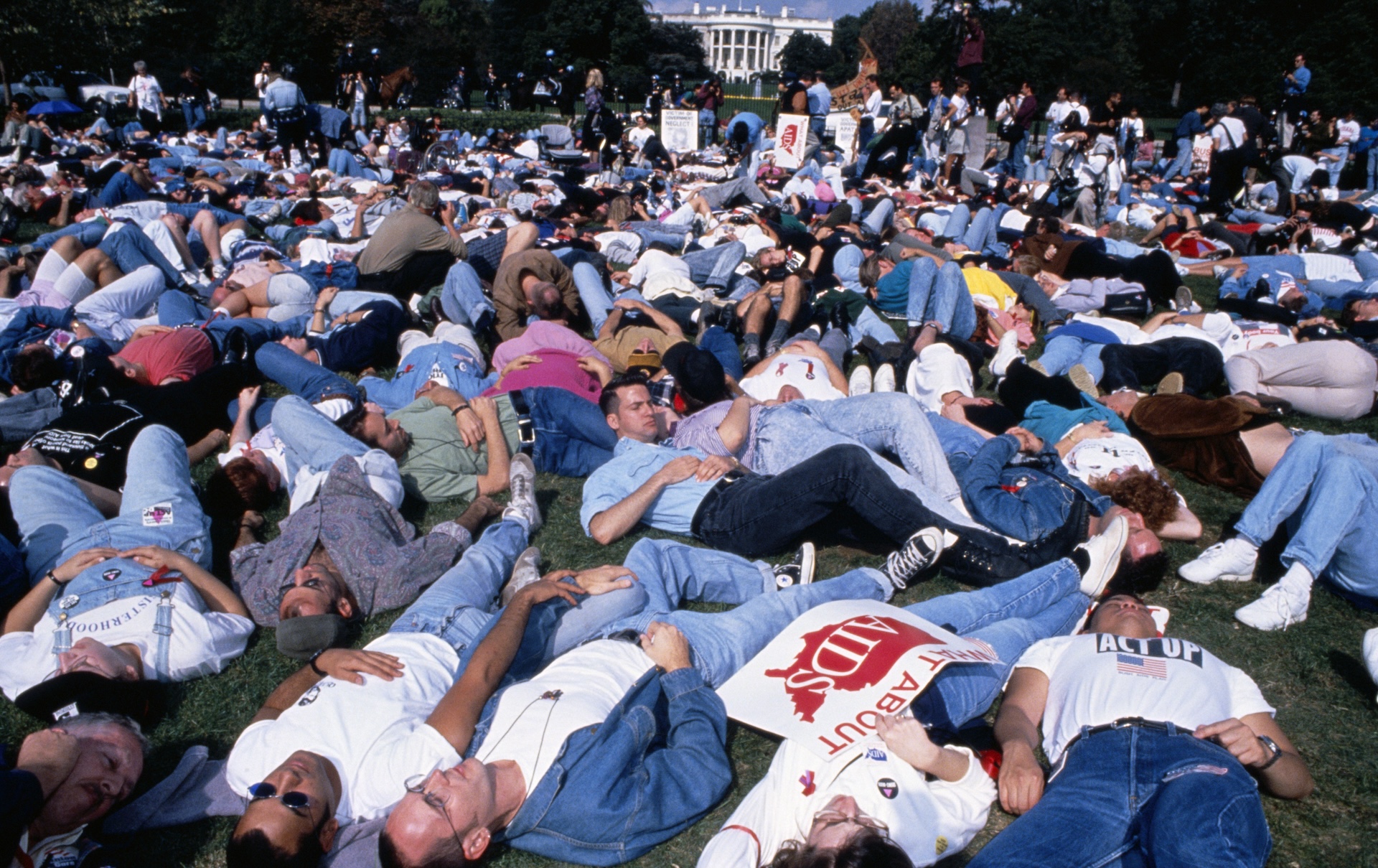 Hundreds of protestors with signs lying in front of the White House