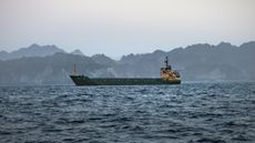 A cargo vessel is anchored off the coast of Oman after being stranded for days amid congestion in the Strait of Hormuz