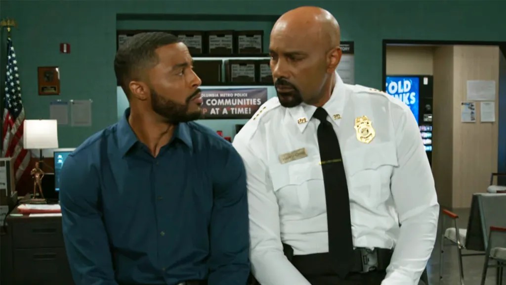 Jibre Hordges and Malachi Malik as Jacob and Elon looking at each other in Beyond the Gates