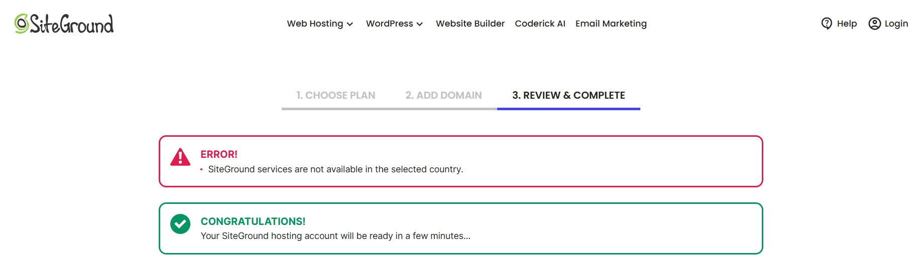 SiteGround error message when signing up from specific regions