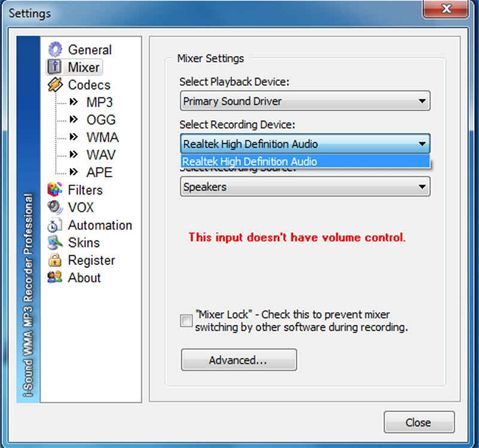 i-Sound Recorder lets you customize the settings for filters, codecs, skins, the mixer and other aspects within the program.