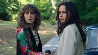 Haley Lu Richardson and Emilia Clarke are shown on Ponies.