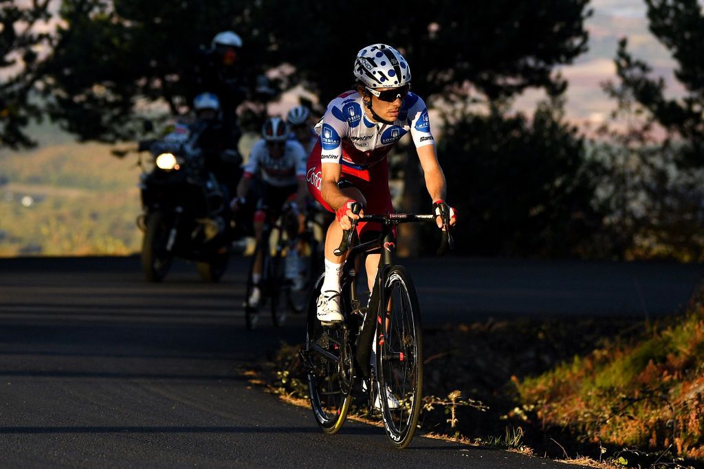 ALTODEMONCALVILLO SPAIN OCTOBER 28 Guillaume Martin of France and Team Cofidis Solutions Credits Polka Dot Mountain Jersey Autumn Shadow during the 75th Tour of Spain 2020 Stage 8 a 164km stage from Logroo to Alto de Moncalvillo 1490m lavuelta LaVuelta20 on October 28 2020 in Alto de Moncalvillo Spain Photo by David RamosGetty Images