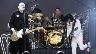 (from left) Billy Corgan, Jimmy Chamberlin, and James Iha of The Smashing Pumpkins perform at the 2023 BottleRock Napa Valley festival at the Napa Valley Expo in Napa, California on May 26, 2023