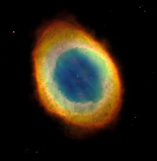 The spectacular Ring Nebula, as imaged by the Hubble Space Telescope.