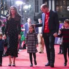 london, england december 11 prince william, duke of cambridge and catherine, duchess of cambridge with their children, prince louis, princess charlotte and prince george, attend a special pantomime performance at london's palladium theatre, hosted by the national lottery, to thank key workers and their families for 