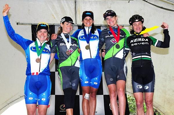 The women's podium (l-r) Georgia Gould 4th, Willow Koerber 3rd, Katerina Nash 1st, Heather Irmiger 2nd, Mary McConneloug 5th