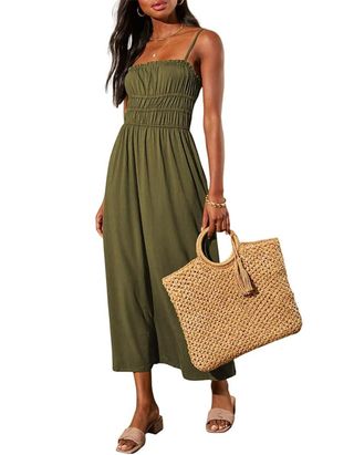 Dokotoo Long Flowy Dresses for Women Summer Adjustable Spaghetti Strap Sleeveless Dresses for Women 2024 Green Medium