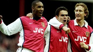 26 Dec 1998: Nicolas Anelka and Ray Parlour of Arsenal celebrate Marc Overmars'' goal against West Ham United in the FA Carling Premiership match at Highbury in London. Arsenal won 1-0. \ Mandatory Credit: Phil Cole /Allsport