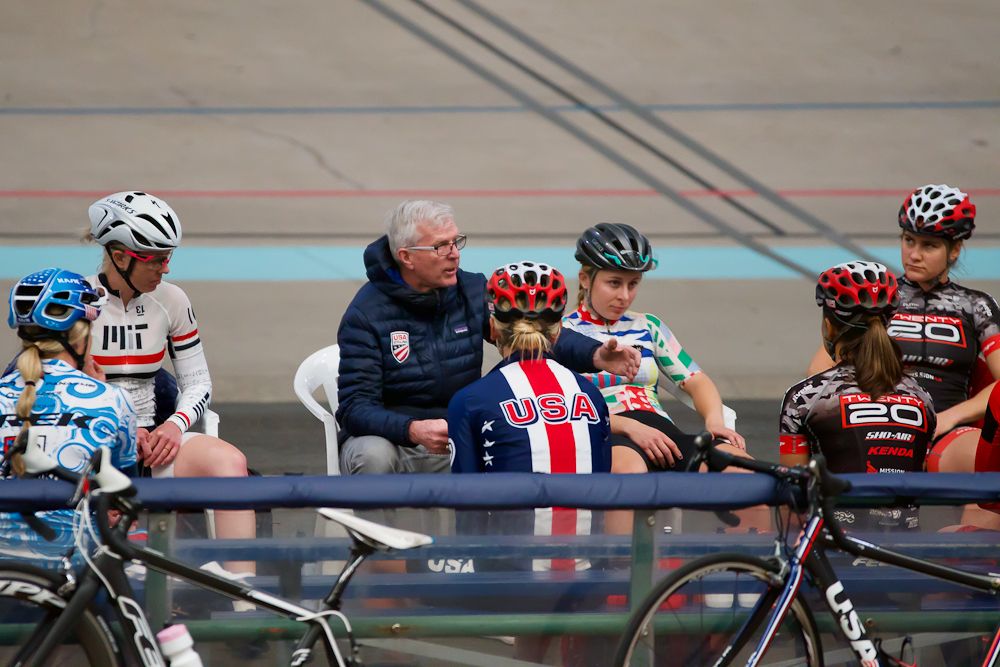 Gary Sutton talks with riders during the recent talent ID camp