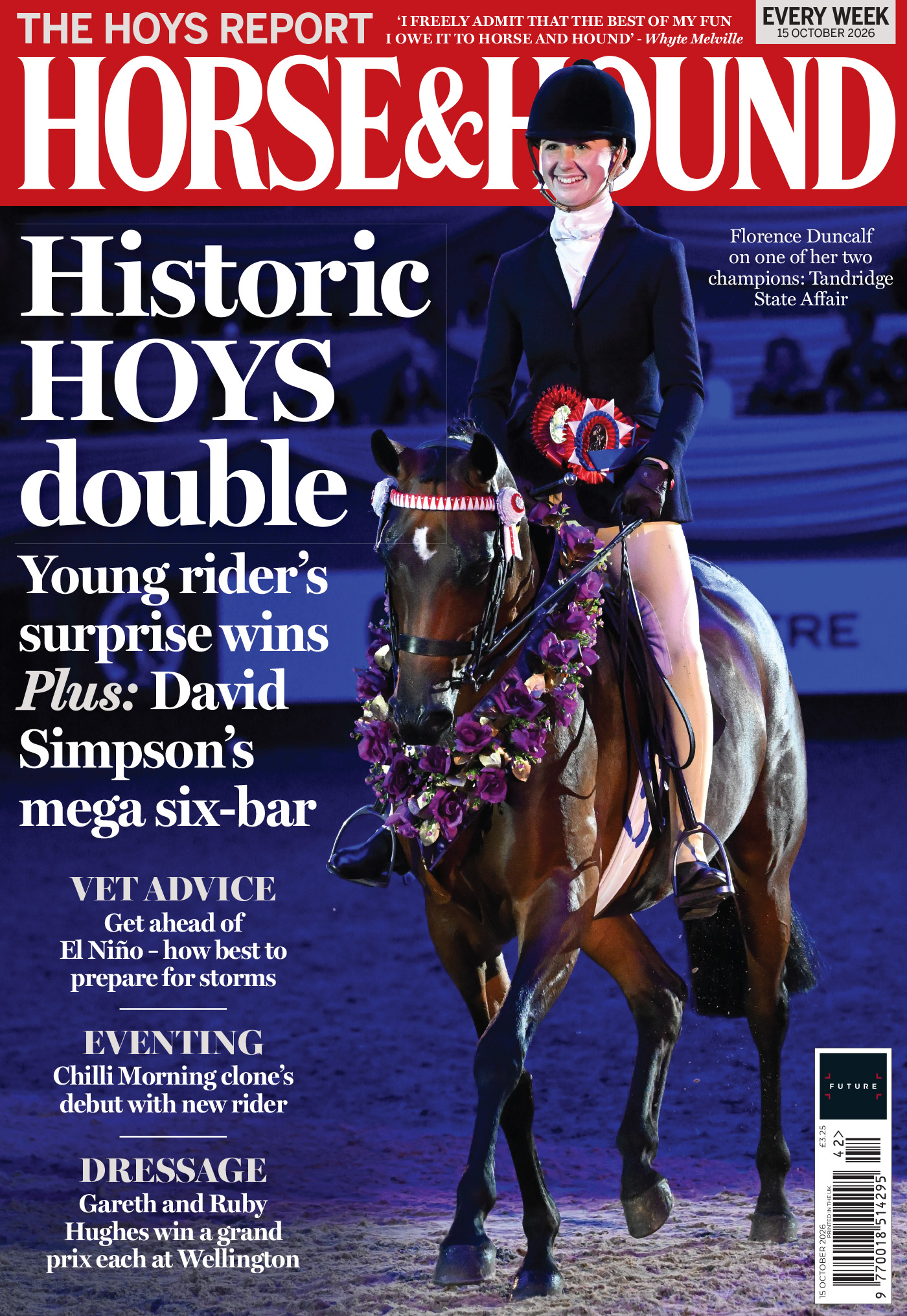 Florence Duncalf riding the bay riding pony Tandridge State Affair with champion rosette and garland on the front cover of Horse &amp; Hound magazine, 15 October 2026 issue