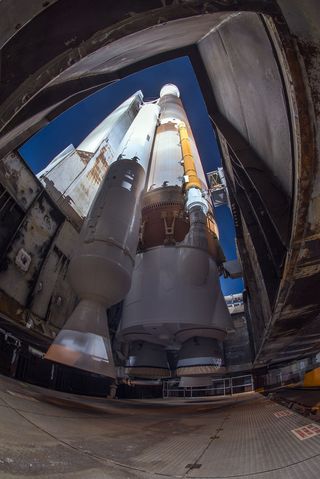 A United Launch Alliance Atlas V rocket stands atop its launching pad at Cape Canaveral Air Force Station in Florida ahead of the July 28, 2016 launch of the NROL-61 spy satellite for the U.S. National Reconnaissance Office.