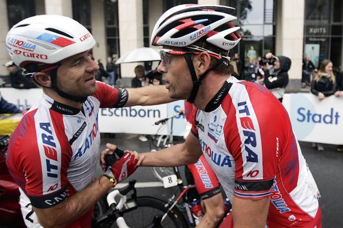 Alexander Kristoff (Katusha) celebrates his victory with his teammate at Gp Frankfurt