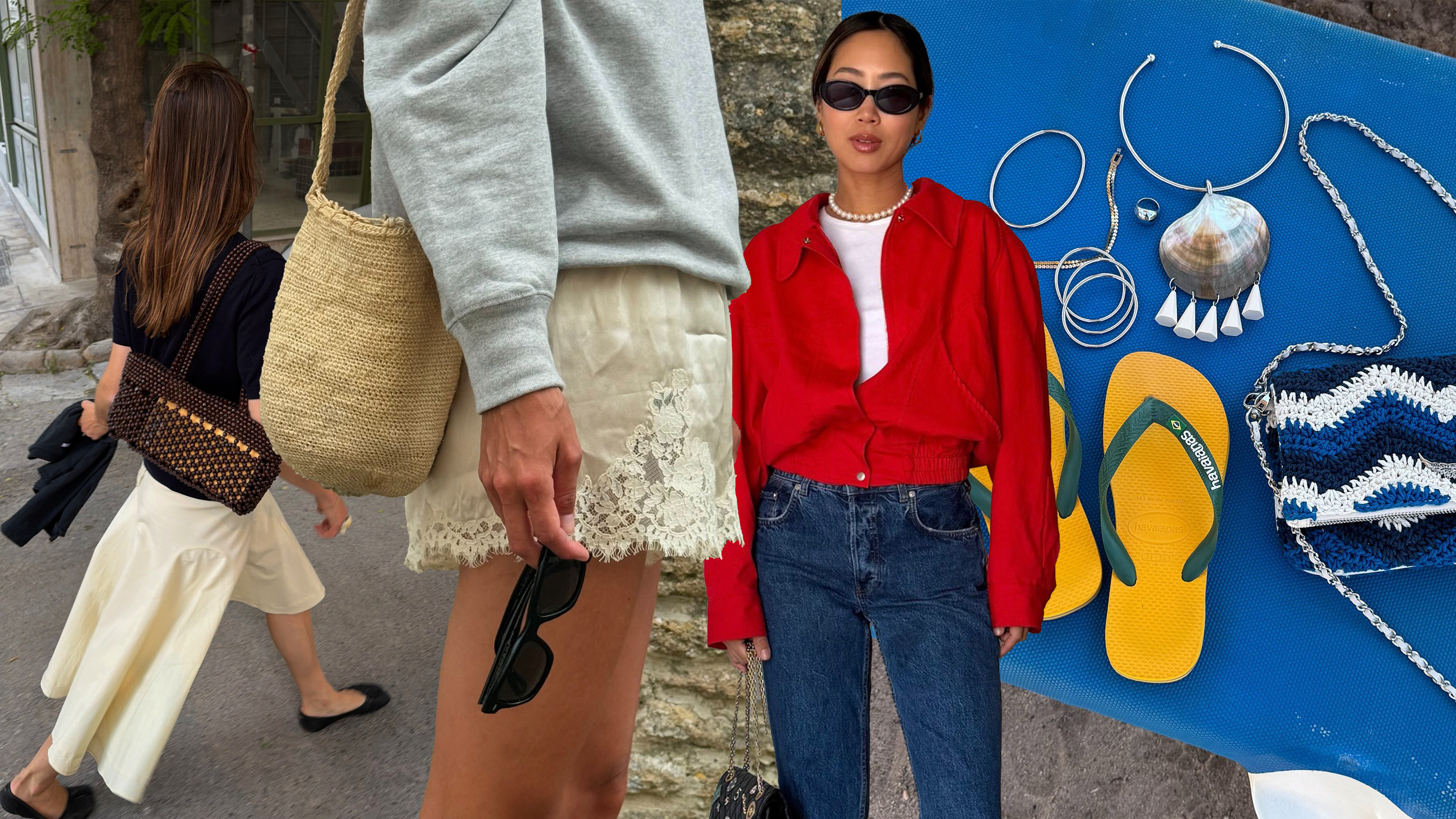 @aimeesong wearing a red button-down and jeans; @trendingwithtinsley taking a photo of flip flops; @poppyalmond wearing a butter yellow skirt and black top 