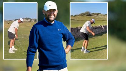 Scottie Scheffler smiling at the camera in Nike Golf apparel with inset images from a viral video of Scottie Scheffler wearing casual attire, a t-shirt and shorts, at North Berwick GC