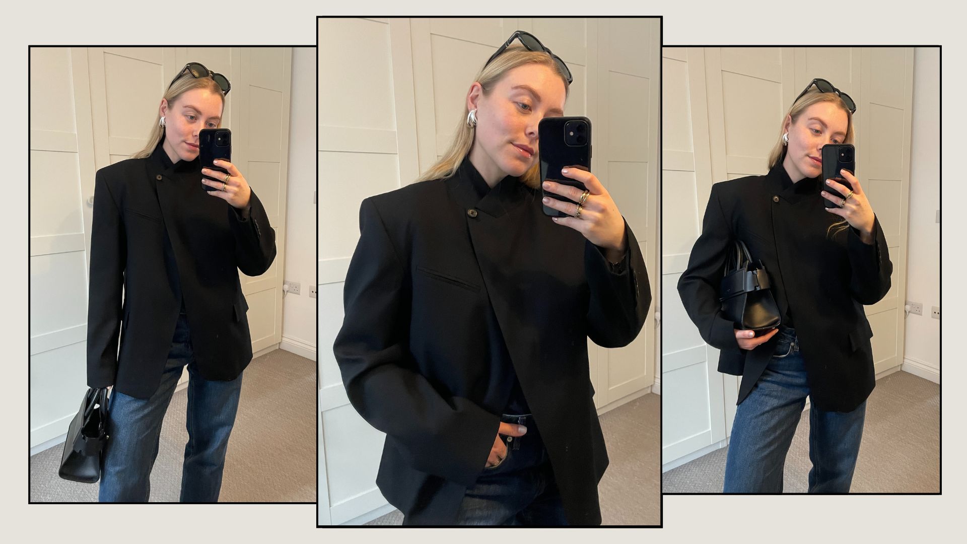 Woman wears high neck black blazer from Zara with blue jeans and black handbag