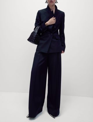 Wool Blend Tailored Wide Leg Trousers