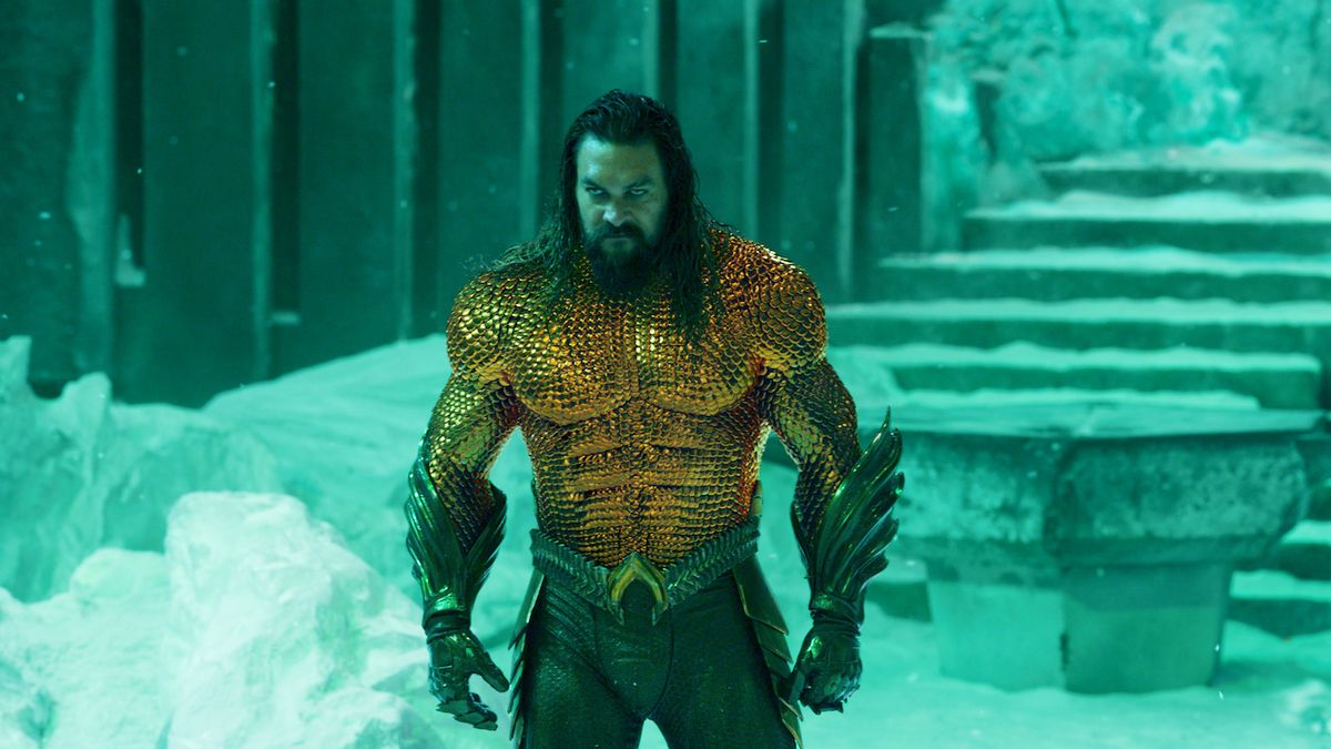 Jason Momoa&#039;s Aquaman in orange and green costume in The Lost Kingdom