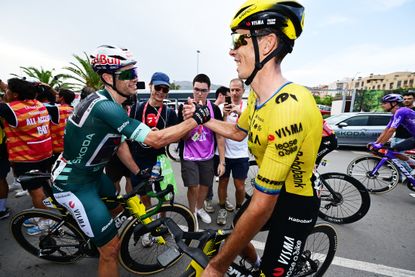 LORCA, SPAIN - SEPTEMBER 02: (L-R) Wout Van Aert of Belgium - Green Points Jersey and Christophe Laporte of France and Team Visma | Lease a Bike react after the La Vuelta - 81st Tour of Spain 2026, Stage 11 a 153.8km stage from Cartagena to Lorca 342m / #UCIWT / on September 02, 2026 in Lorca, Spain. (Photo by Tim de Waele/Getty Images)