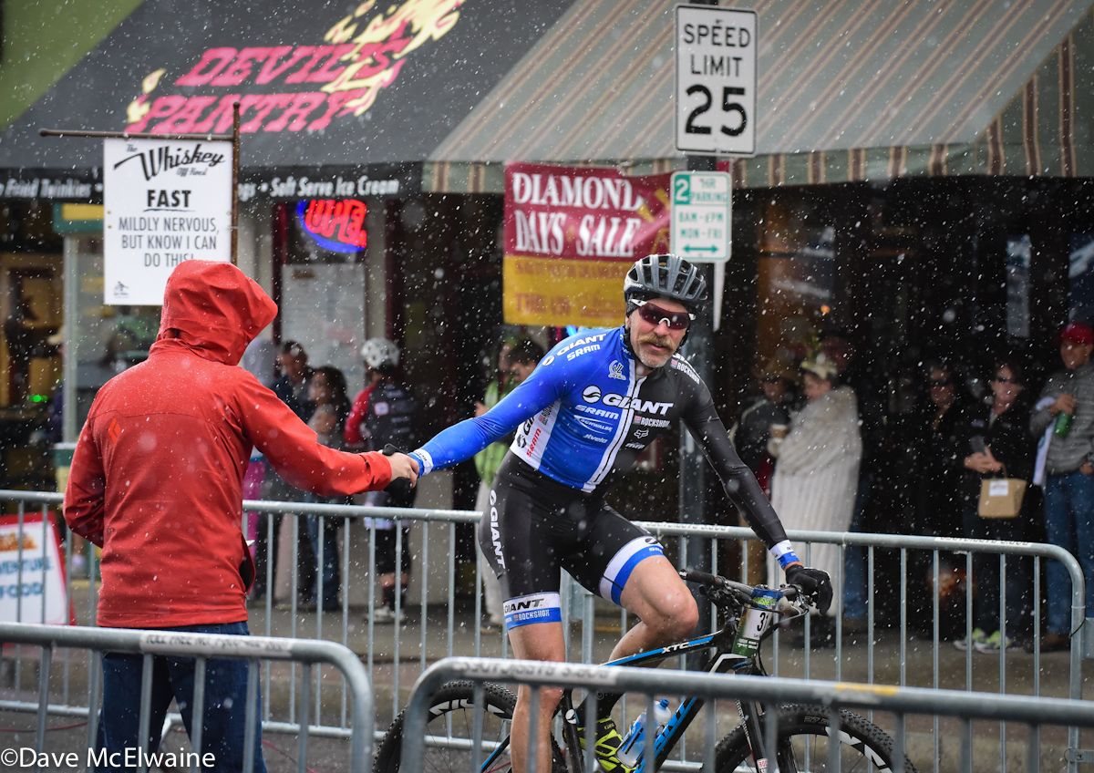 Carl Decker (Team Giant) finishing in a hailstorm