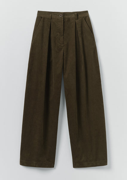 Organic Cord Box Pleat Trousers | Tent Green